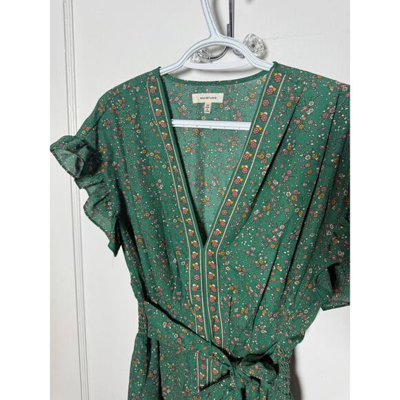 Max Studio Green Floral Ruffle Faux Wrap Short Sleeve Boho Top Blouse Medium - Picture 8 of 9